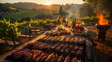 Outdoor barbecue gathering at sunset in vineyard setting with grilled meat and wine, perfect for food and wine lifestyle marketing, summer entertaining and luxury dining experiences.