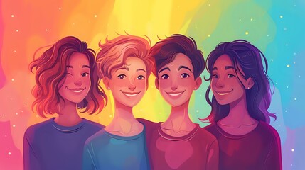 A vibrant digital illustration of four individuals standing together, smiling warmly, with a radiant gradient background of colorful lights and abstract shapes. Perfect for themes of unity, diversity