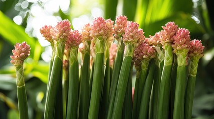 Pink Flower Buds on Green Stalks in a Garden