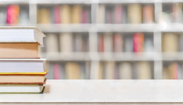 A stack of books with a blurred library background
