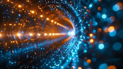 Obraz premium A dynamic abstract visualization of orange and blue glowing particles flowing through a tunnel-like structure, representing data transfer, technology, or energy flow.