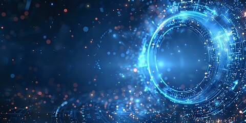 A futuristic glowing blue circular interface on a dark background, surrounded by digital particles and light streaks, ideal for technology, AI, or innovation-themed projects.