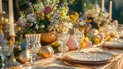 Fototapeta premium Luxurious Outdoor Easter Dining Table with Golden Tableware and Floral Arrangements