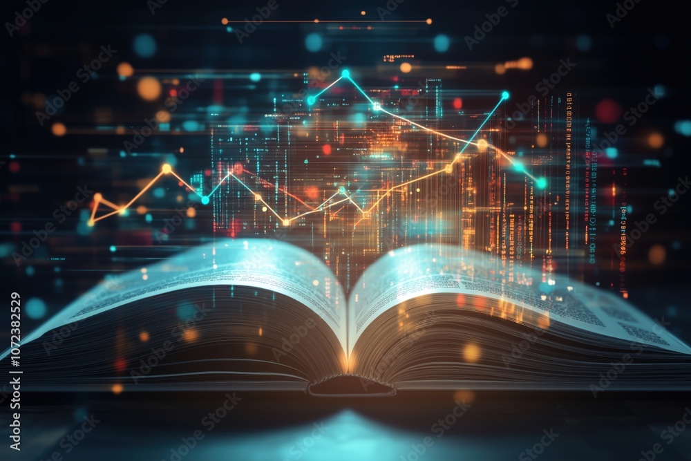 Poster open book with digital data visualization, glowing graphs and lines