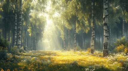 Obraz premium Serene forest scene with sunlight filtering through trees and flowers.