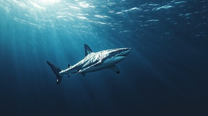 Fototapeta premium Shark Swimming Through Sunbeams in Deep Blue Water