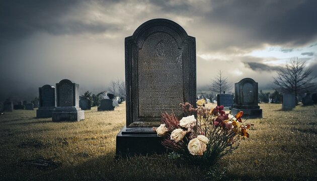 gravestone with wilted flowers under a gray sky mourning quiet reflection in a cemetery