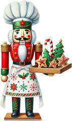 Naklejka premium A colorful nutcracker doll dressed as a chef, holding a tray with festive treats, including trees, stars, and candy canes. 