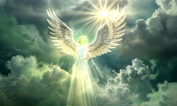 A bright glowing angelic figure with white angel wings, surrounded by a cloudy sky with rays of light and green mist