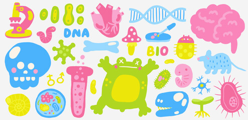 Cute science biology icons, signs, symbols with funny hand drawn doodle microbiology frog, cell division, dna, microscope, skull, bacteria, brain, seedling. School, science, education objects set