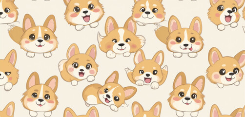 Fototapeta premium Seamless Pattern of Playful Corgi Puppies on a Soft Beige Background