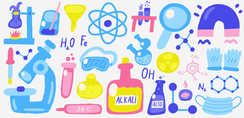 Cute science chemistry theme composition, postcard with funny hand drawn doodle acid, tube, flask, mask, molecule, magnet, formula, radiation, atom, dropper. School, science, education objects set