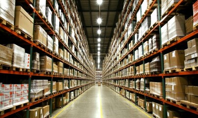 Vast Warehouse with Endless Aisles of Stacked Cardboard Boxes Under Bright Lighting