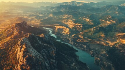 Aerial View of Mountainous Landscape with River