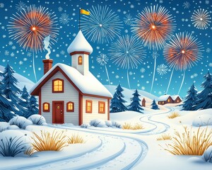 Naklejka premium A charming house with fireworks lighting up the snowy night sky, showcasing a festive winter atmosphere