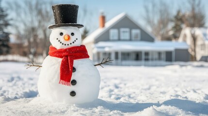 Fototapeta premium A cheerful snowman with a black hat and red scarf stands in a snowy landscape, with a house in the background