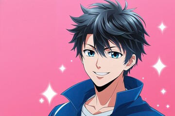 Charming Young Male Anime Character Poster with Vibrant Pink Background