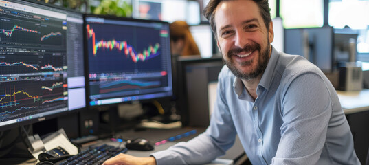 Business Executive Analyzing Digital Stock Market in Modern Financial Office Setting