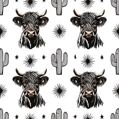 highland cow and cactus seamless pattern