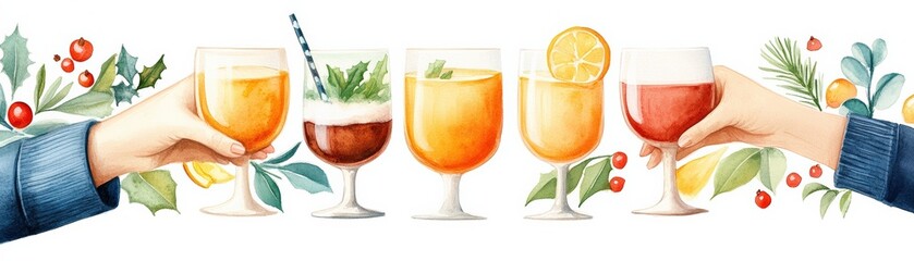 Fototapeta premium Colorful array of festive drinks with garnishes, surrounded by holiday-themed foliage and berries