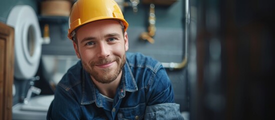 A man in a hard hat smiles warmly in a workshop setting. Concept is friendly professional worker. For construction service advertisements.