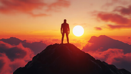 Bold silhouette of 2025 on a mountain edge, glowing sunrise casting long shadows, brilliant sunbeams lighting up the sky in warm tones
