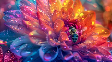 Fototapeta premium Macro photo of a honey bee on a colorful flower, showcasing intricate details and vibrant hues