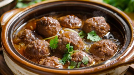 Juicy beef ball hot pot close up  a realistic capture with soft lighting and extreme detail