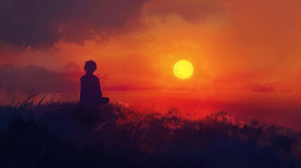 Peaceful Reflection at Sunset: Silhouette on Hilltop for Tranquil Inspiration and Mindfulness