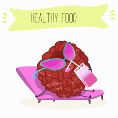 Cute raspberry characters, funny berries, activities, leisure. Hand drawn vector illustration. Organic food, healthy, for kids menu, flyer, advertisement, wrap, label, invitation.