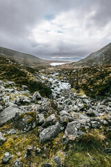 A rocky, grassy valley with a small stream flowing through it. The hills on either side are covered in vegetation, and the sky is cloudy.