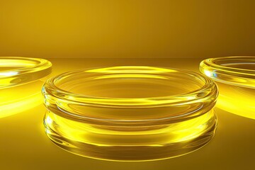 3d render of a yellow platform with neon shining and shiny glass rings. 