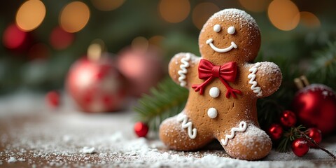 Background with Christmas gingerbread man, gingerbread gingerbread with icing pattern, decorated with powdered sugar on holiday decor background.