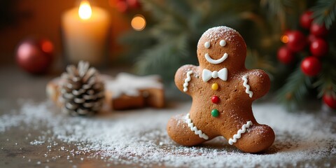Christmas gingerbread man, gingerbread close-up with icing pattern decorated with powdered sugar on holiday decor background.