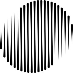 A circular pattern made up of vertical black lines that gradually vary in thickness, creating a spherical or convex illusion effect against a white background.