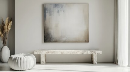 Minimalist living room with abstract art and elegant furniture in soft tones.