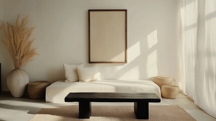 Minimalist living room with cozy decor and natural light for modern interiors.