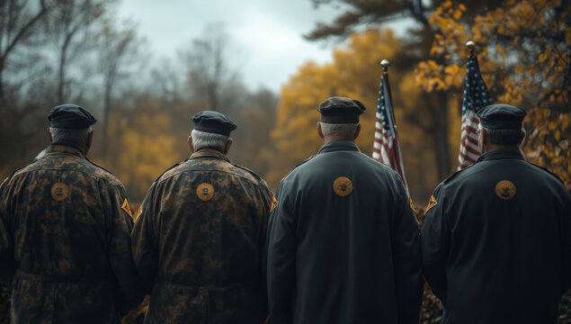 Photo of gerra veterans paying tribute to fallen soldiers on Memorial Day, standing in front of U.S. flags.