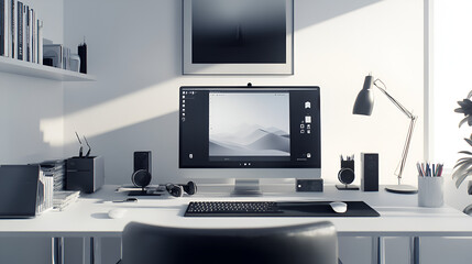 A sleek white desk with a 2025 planner open surrounded by tech gadgets and minimalistic decor