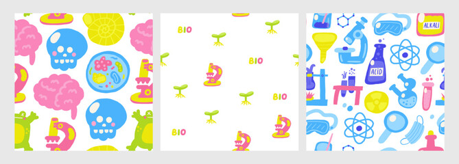 Cute science theme seamless pattern. Funny hand drawn doodle repeatable pattern with microscope, plant, seedling. Science, technology background