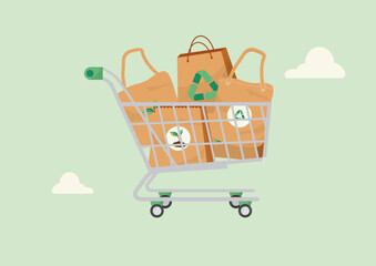 Eco-Friendly Shopping Cart with Sustainable Paper Bags. Eco-friendly purchasing. Green paper bags. Eco-Friendly Products. Green Consumer Choices. Reusable Shopping Bags. Vector illustration