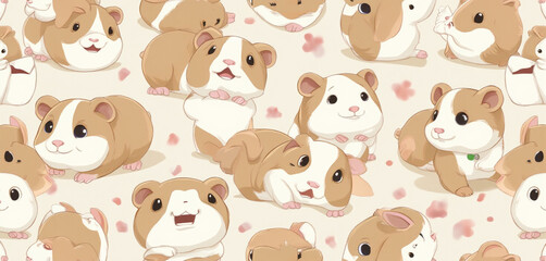 Seamless Pattern of Cartoon Puppies Resting with Floral Details on a Beige Background