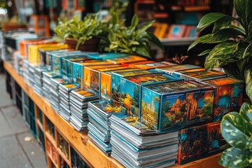 Fototapeta premium Colorful Stacked Books and Plant in a Bookstore