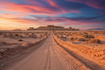Desert Road to Ancient City Civilization Under Vibrant Sunset © Michael