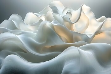 Obraz premium An abstract representation of flowing, translucent white fabric, creating a serene and ethereal atmosphere with soft light illuminating the smooth curves and contours.