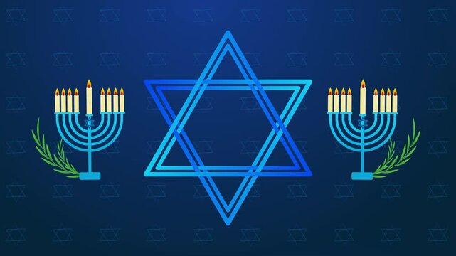 Happy Hanukkah animated horisontal blue background with David Star and Hanukia