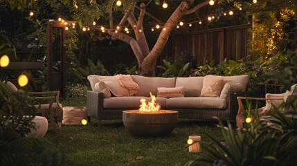 Cozy Outdoor Lounge with Fire Pit and String Lights for Evening Gatherings in Lush Backyard