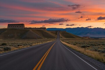 Naklejka premium Scenic Rocky Road Through Prairie Landscape Leading to Ancient Incan Fortress at Sunset