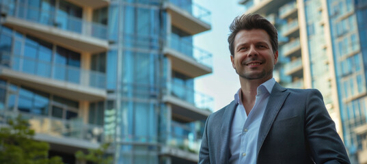 Confident Business Professional Before Skyscraper Reflecting Real Estate Success