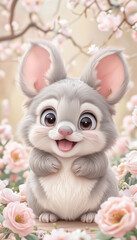 Fototapeta premium Adorable Cartoon Mouse Surrounded by Pink Flowers in a Meadow